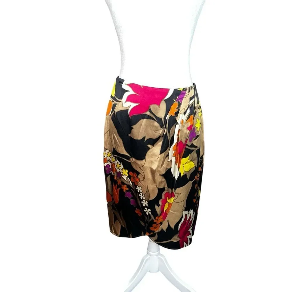 Escada Silk Floral Tulip Skirt Black Pink Orange Draped EU 34